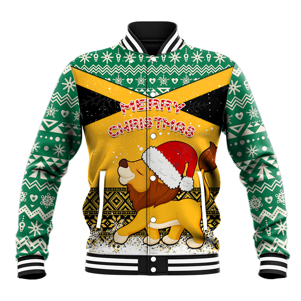 Unisex baseball jacket with green/yellow holiday print, lion in Santa hat, rib collar & cuffs