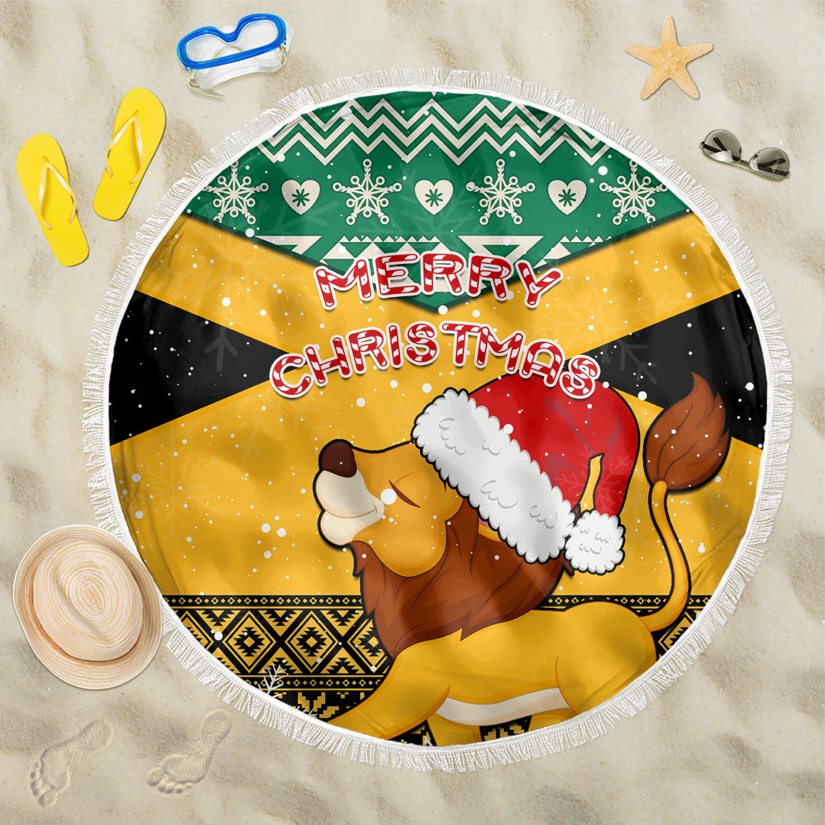 Round beach blanket with fringe, green-yellow holiday Santa lion and “Merry Christmas” text