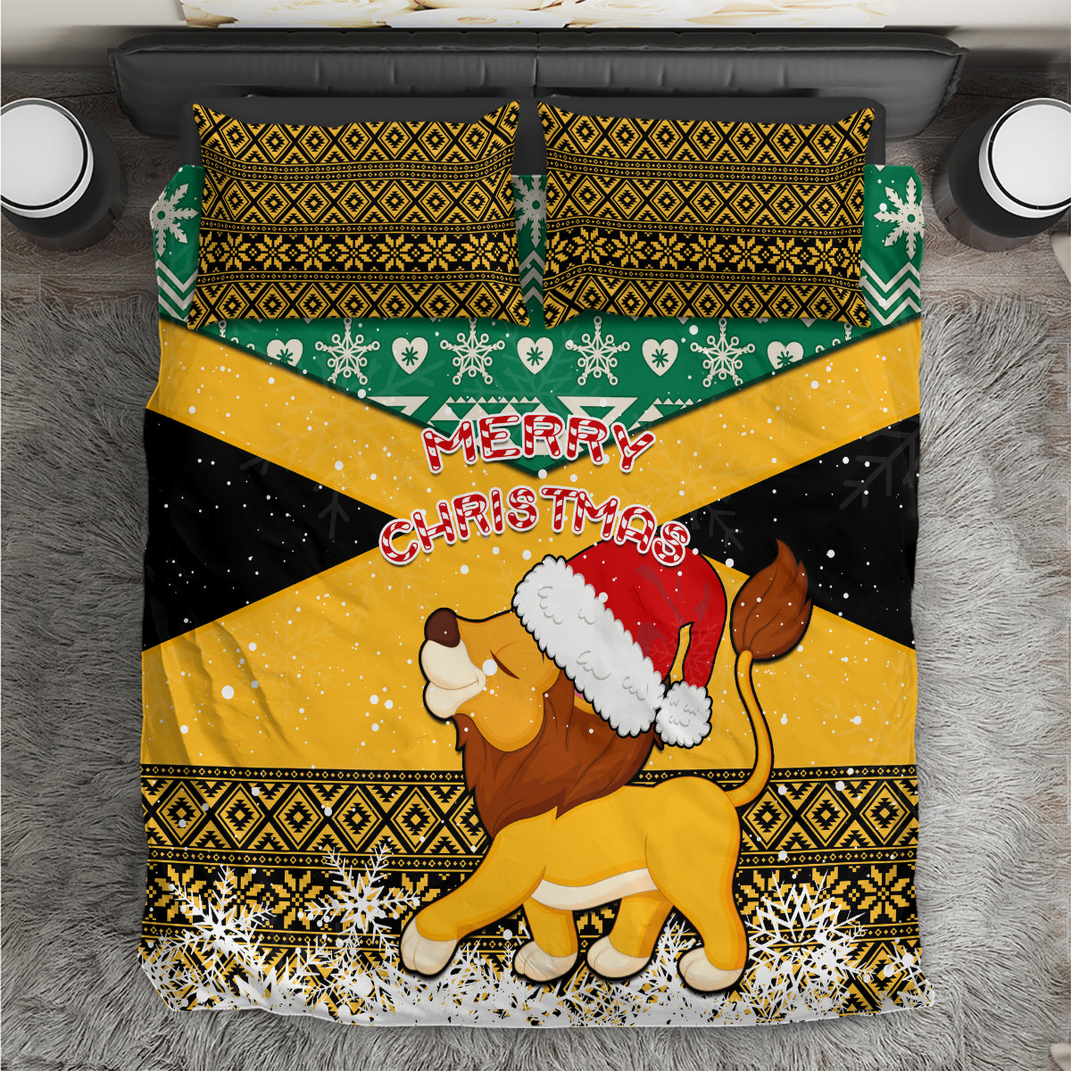 Christmas bedding set with Santa-hat lion and Merry Christmas text on yellow green black