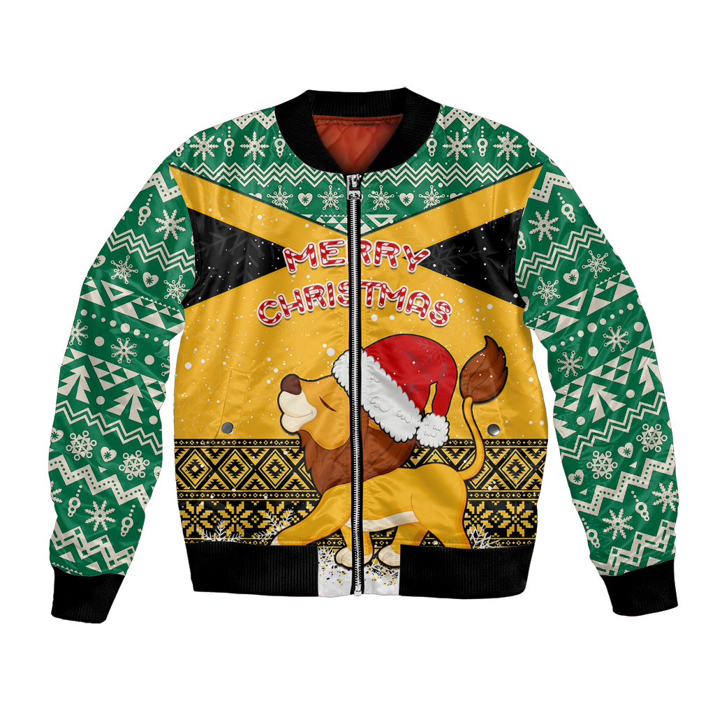 Green zip-up bomber jacket with yellow festive lion Santa graphic, striped cuffs
