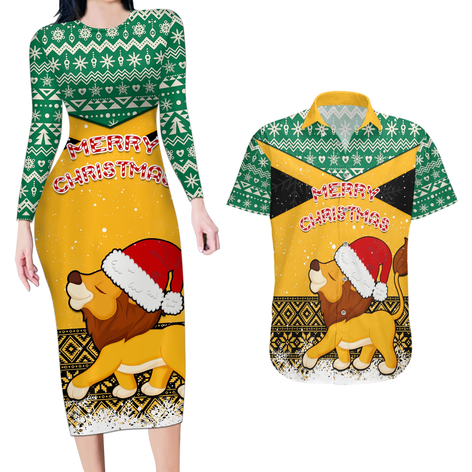 custom-jamaica-christmas-couples-matching-long-sleeve-bodycon-dress-and-hawaiian-shirt-jumieka-santa-lion