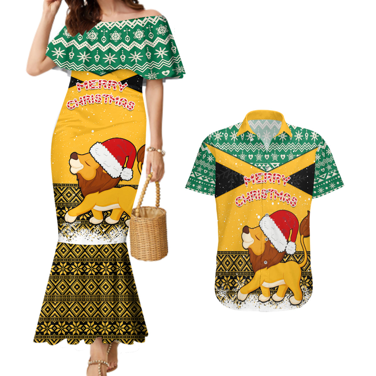 custom-jamaica-christmas-couples-matching-mermaid-dress-and-hawaiian-shirt-jumieka-santa-lion