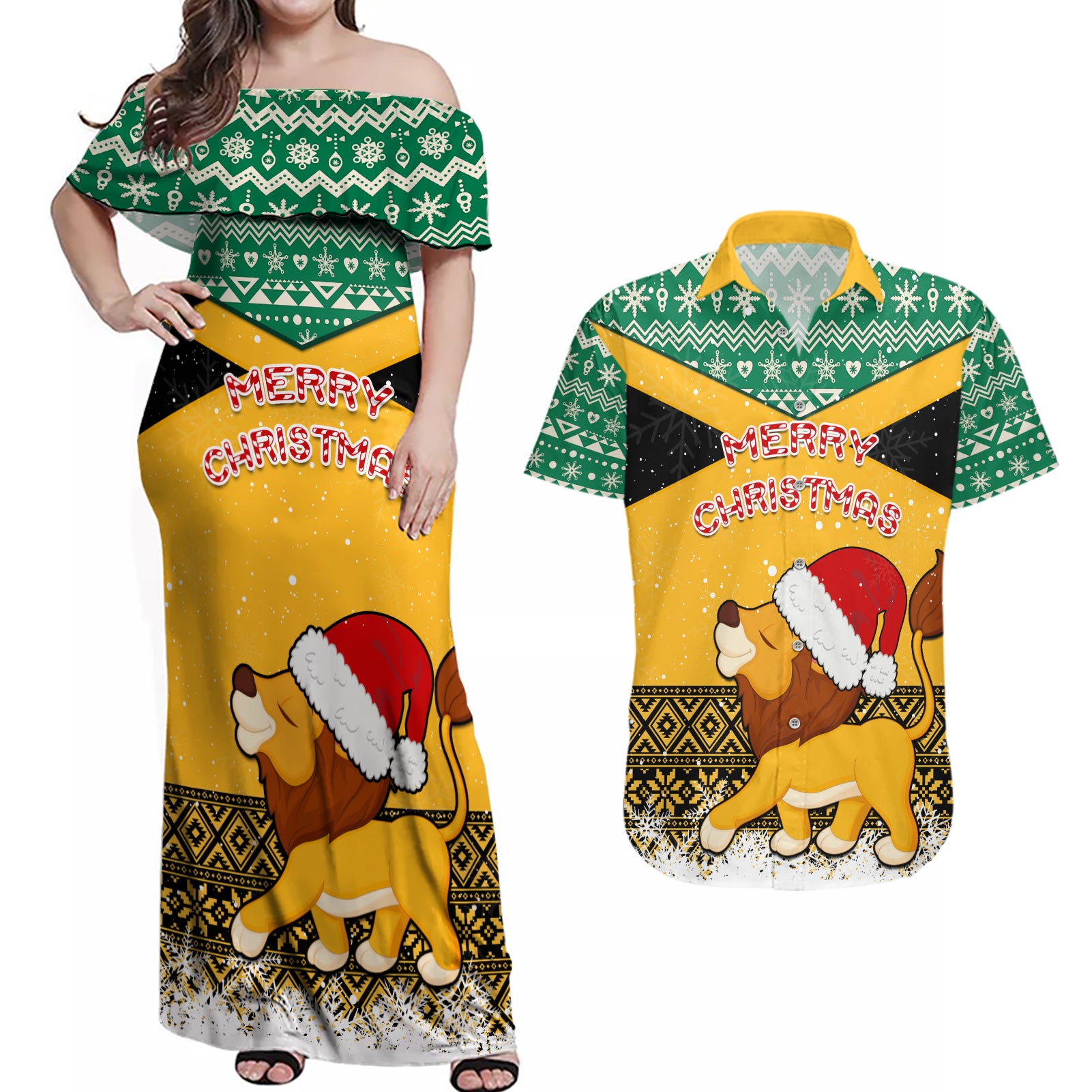 custom-jamaica-christmas-couples-matching-off-shoulder-maxi-dress-and-hawaiian-shirt-jumieka-santa-lion