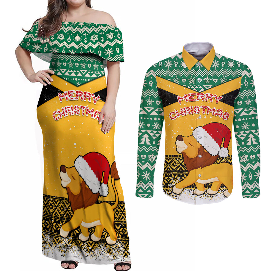 custom-jamaica-christmas-couples-matching-off-shoulder-maxi-dress-and-long-sleeve-button-shirt-jumieka-santa-lion