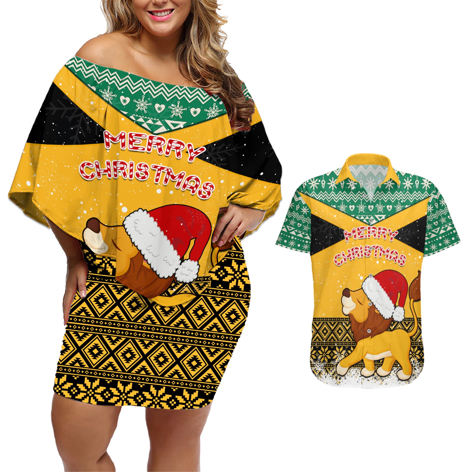 custom-jamaica-christmas-couples-matching-off-shoulder-short-dress-and-hawaiian-shirt-jumieka-santa-lion