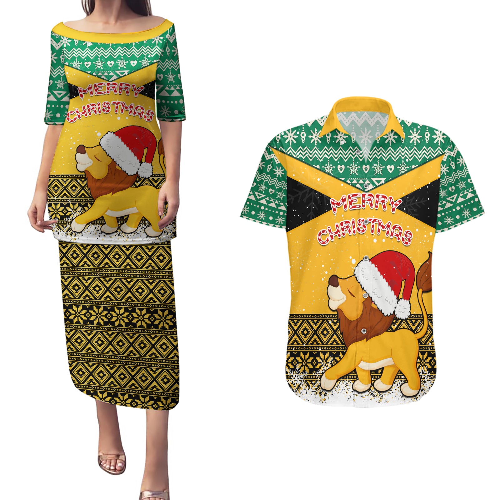 custom-jamaica-christmas-couples-matching-puletasi-dress-and-hawaiian-shirt-jumieka-santa-lion