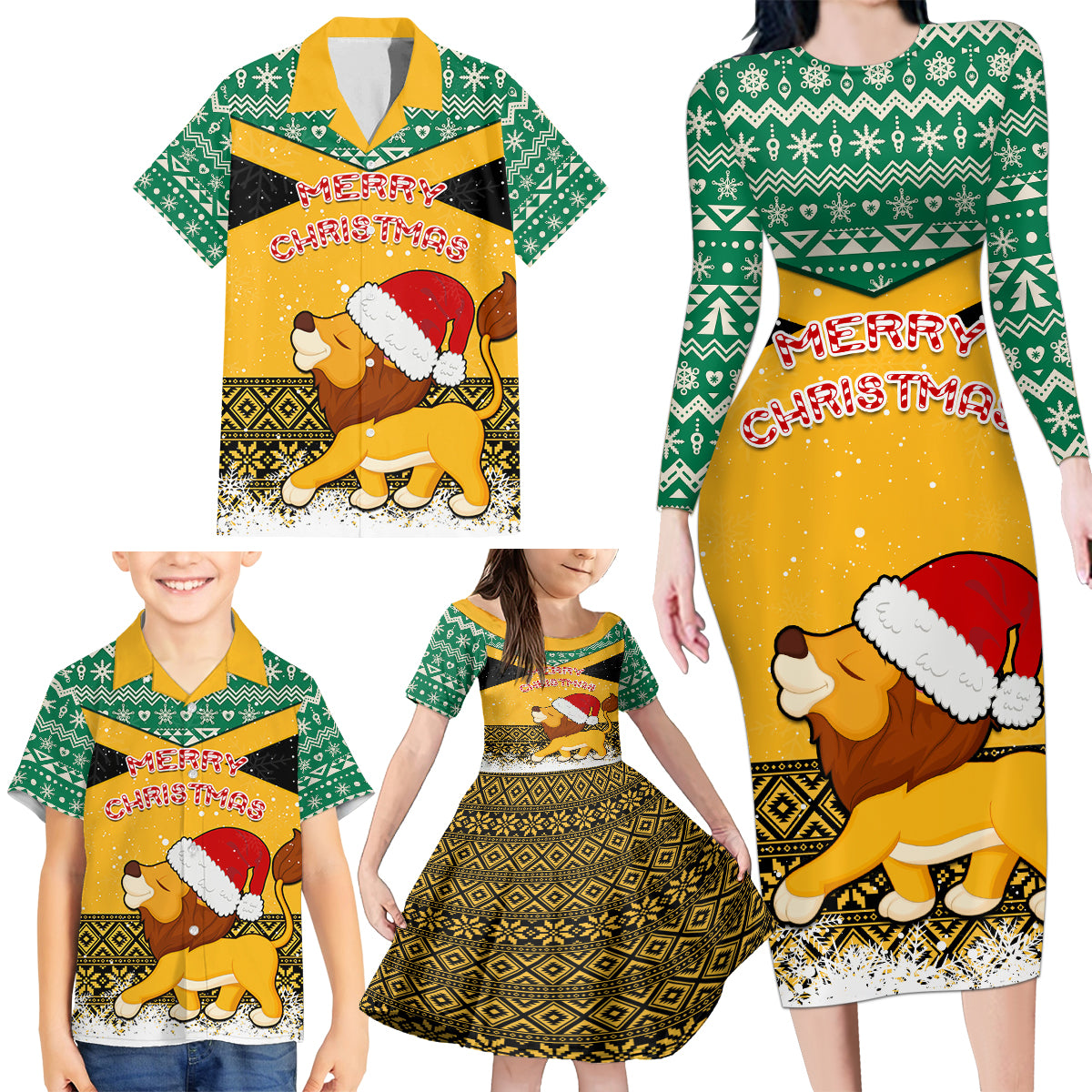 custom-jamaica-christmas-family-matching-long-sleeve-bodycon-dress-and-hawaiian-shirt-jumieka-santa-lion