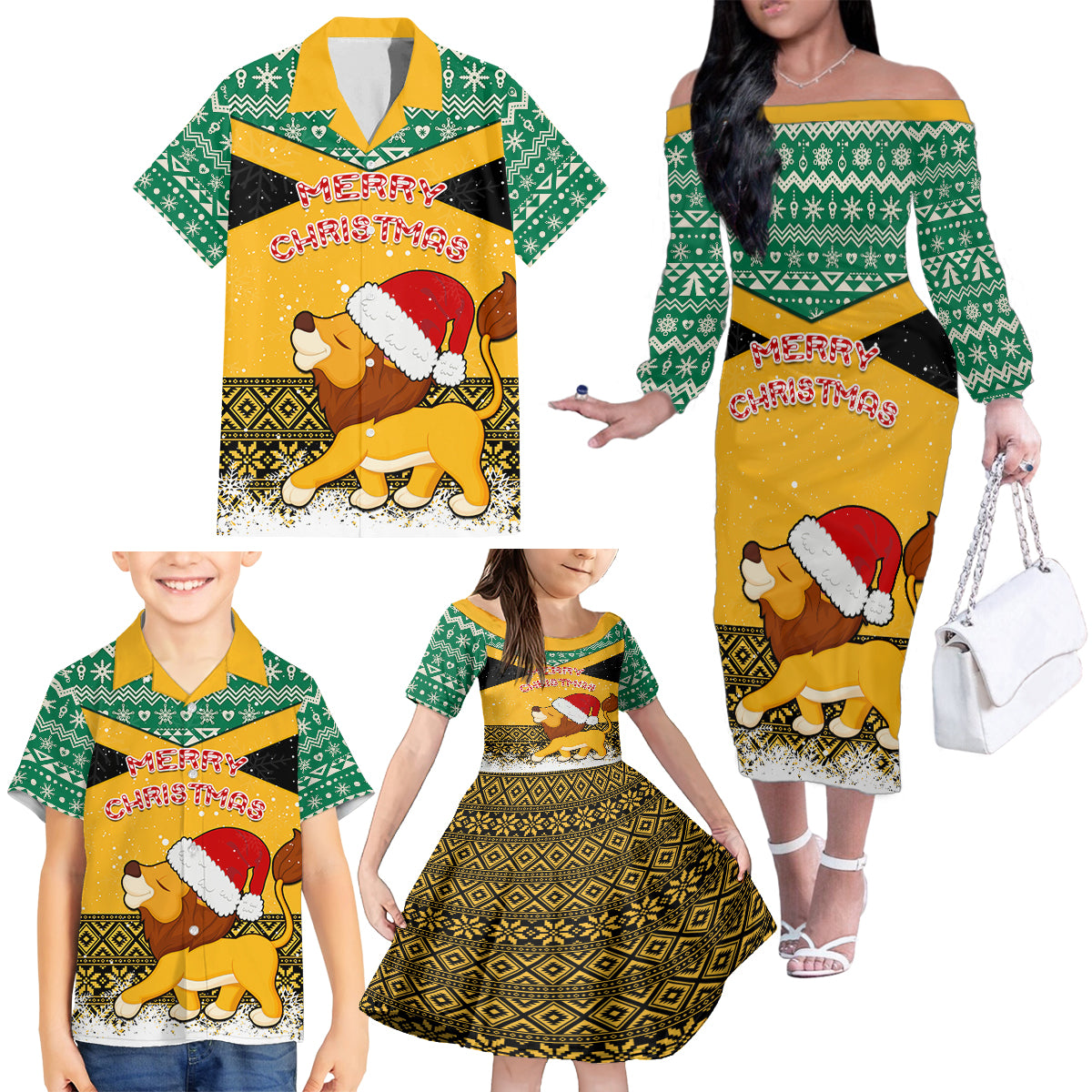 custom-jamaica-christmas-family-matching-off-shoulder-long-sleeve-dress-and-hawaiian-shirt-jumieka-santa-lion