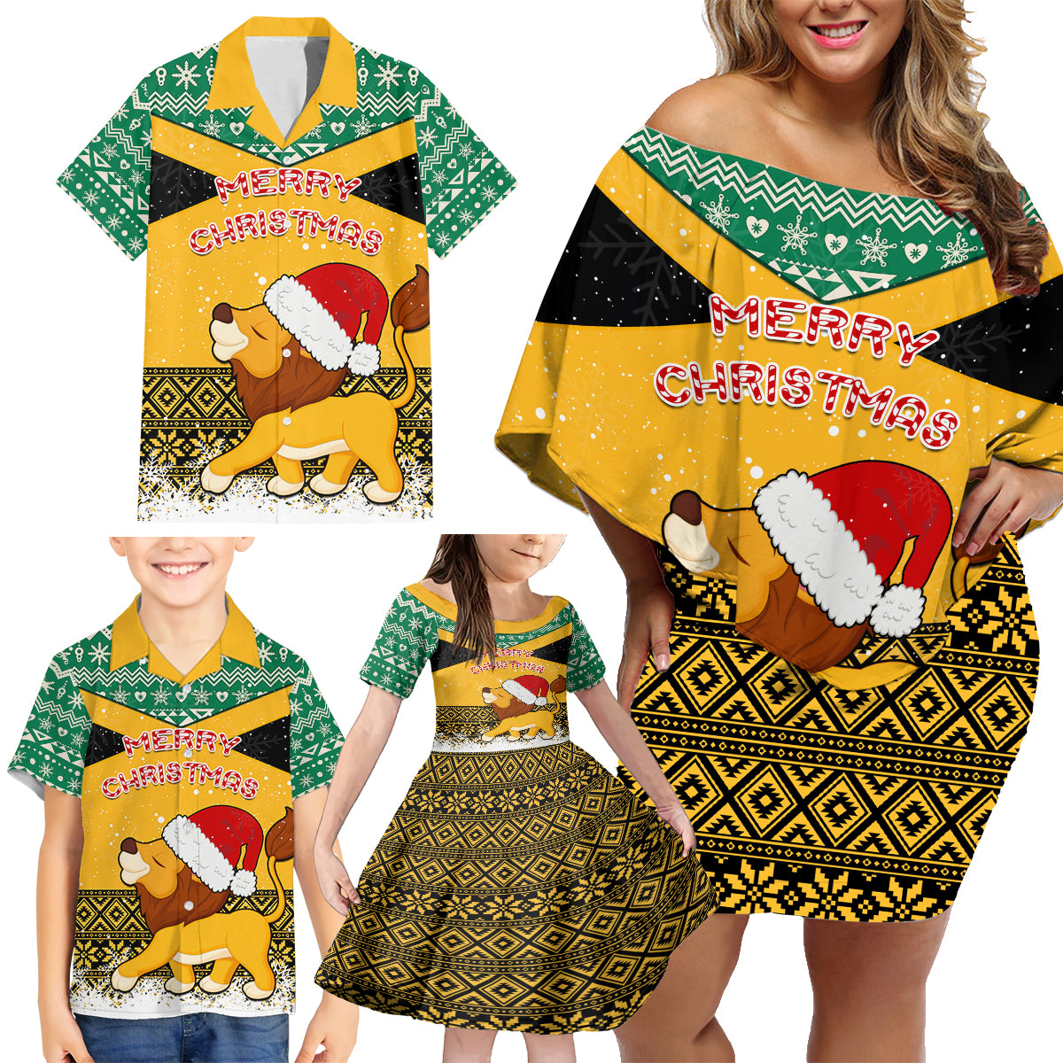 custom-jamaica-christmas-family-matching-off-shoulder-short-dress-and-hawaiian-shirt-jumieka-santa-lion