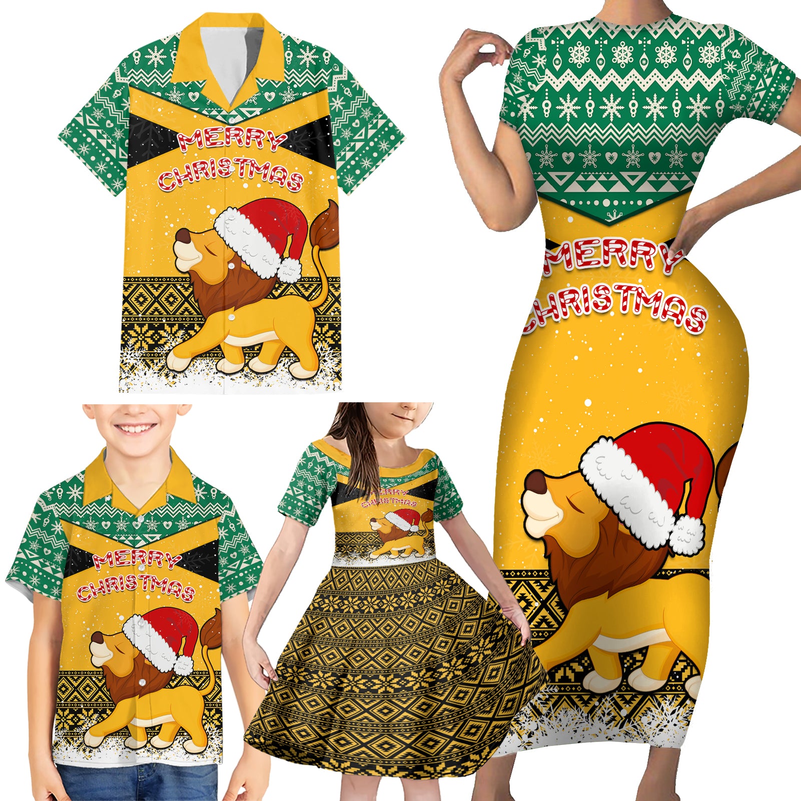 custom-jamaica-christmas-family-matching-short-sleeve-bodycon-dress-and-hawaiian-shirt-jumieka-santa-lion