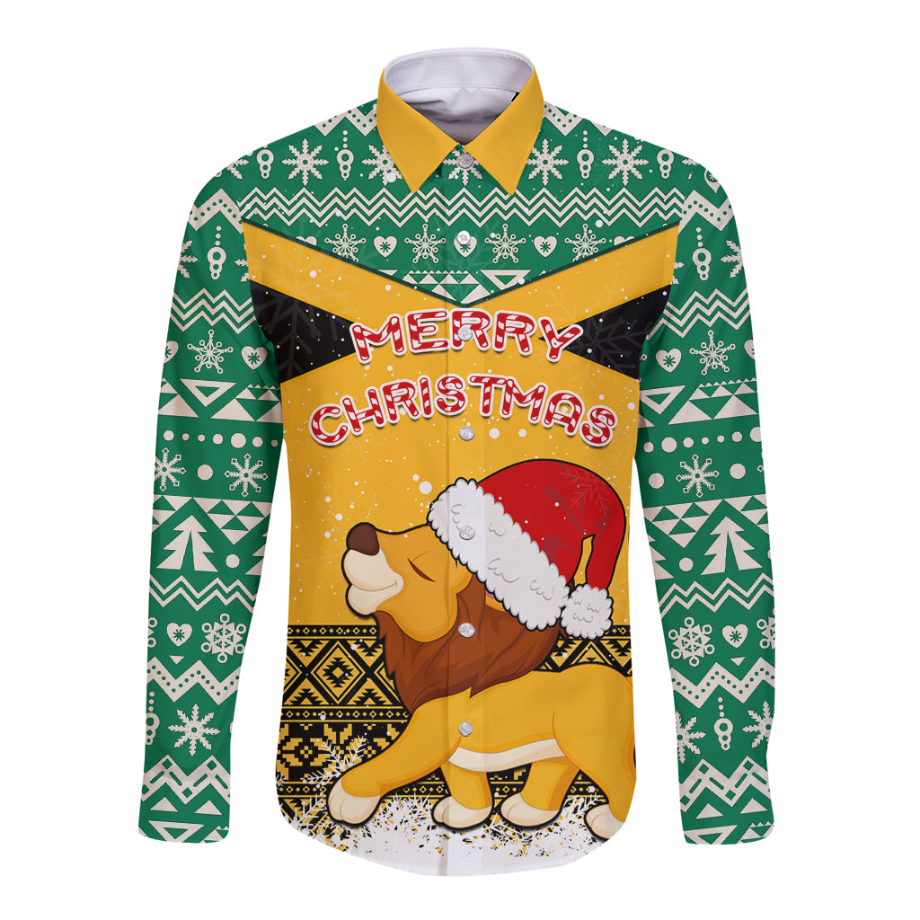 Unisex long-sleeve button shirt with green zigzag holiday print and Santa lion graphic