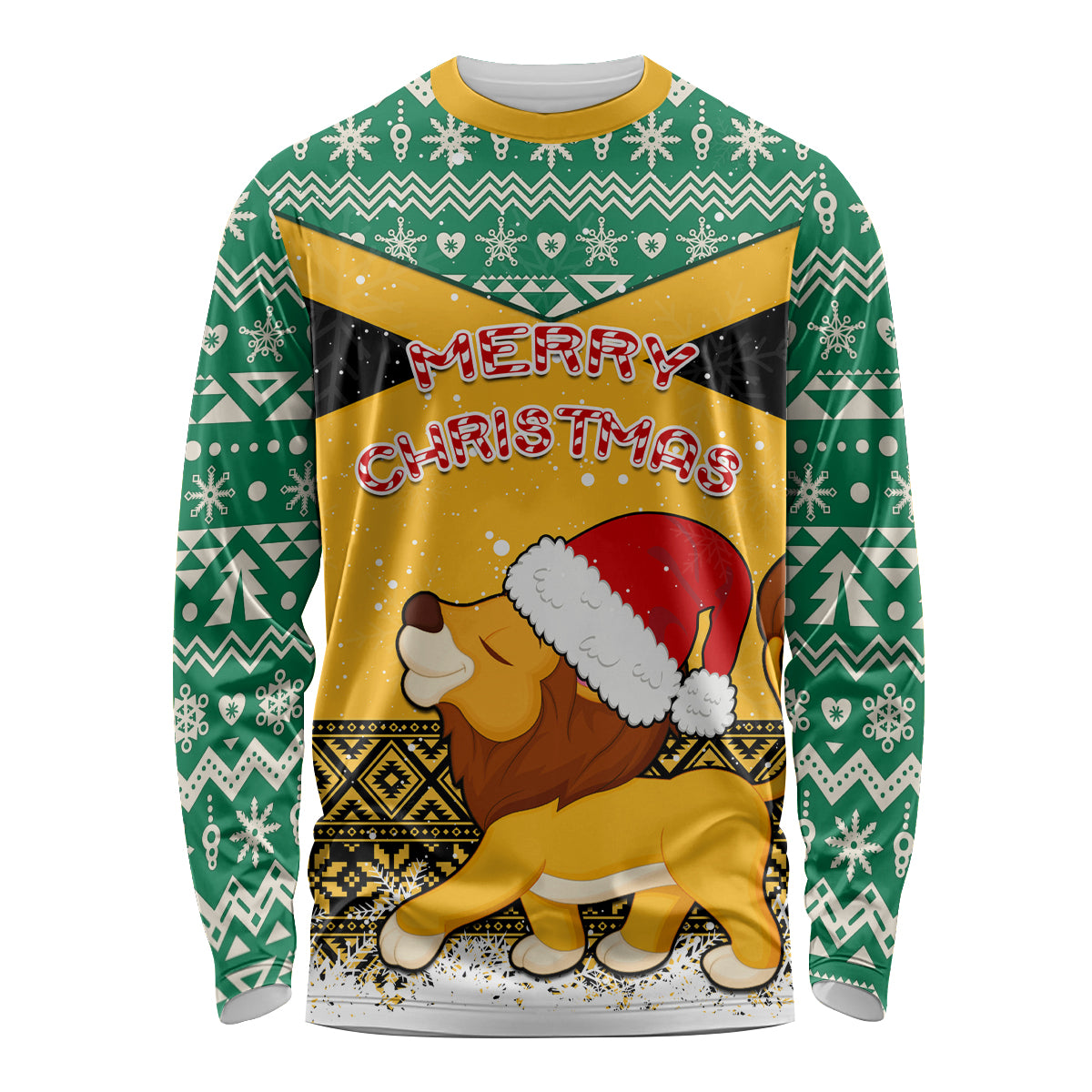 Green long-sleeve shirt with patterned sleeves and yellow lion Santa graphic