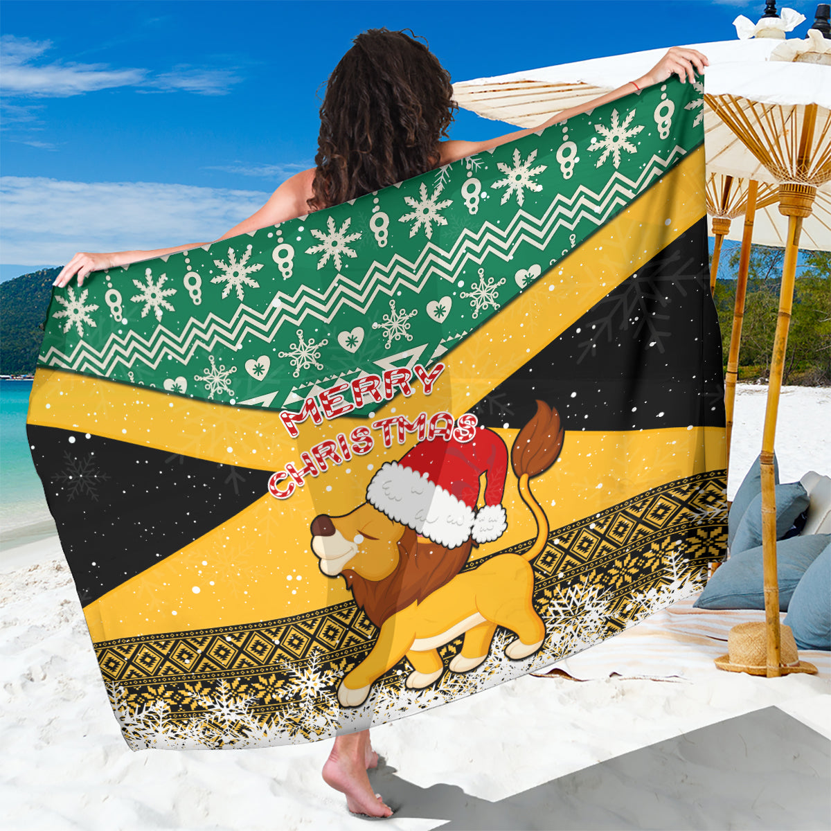 Christmas sarong with green, yellow, and black Santa lion festive print