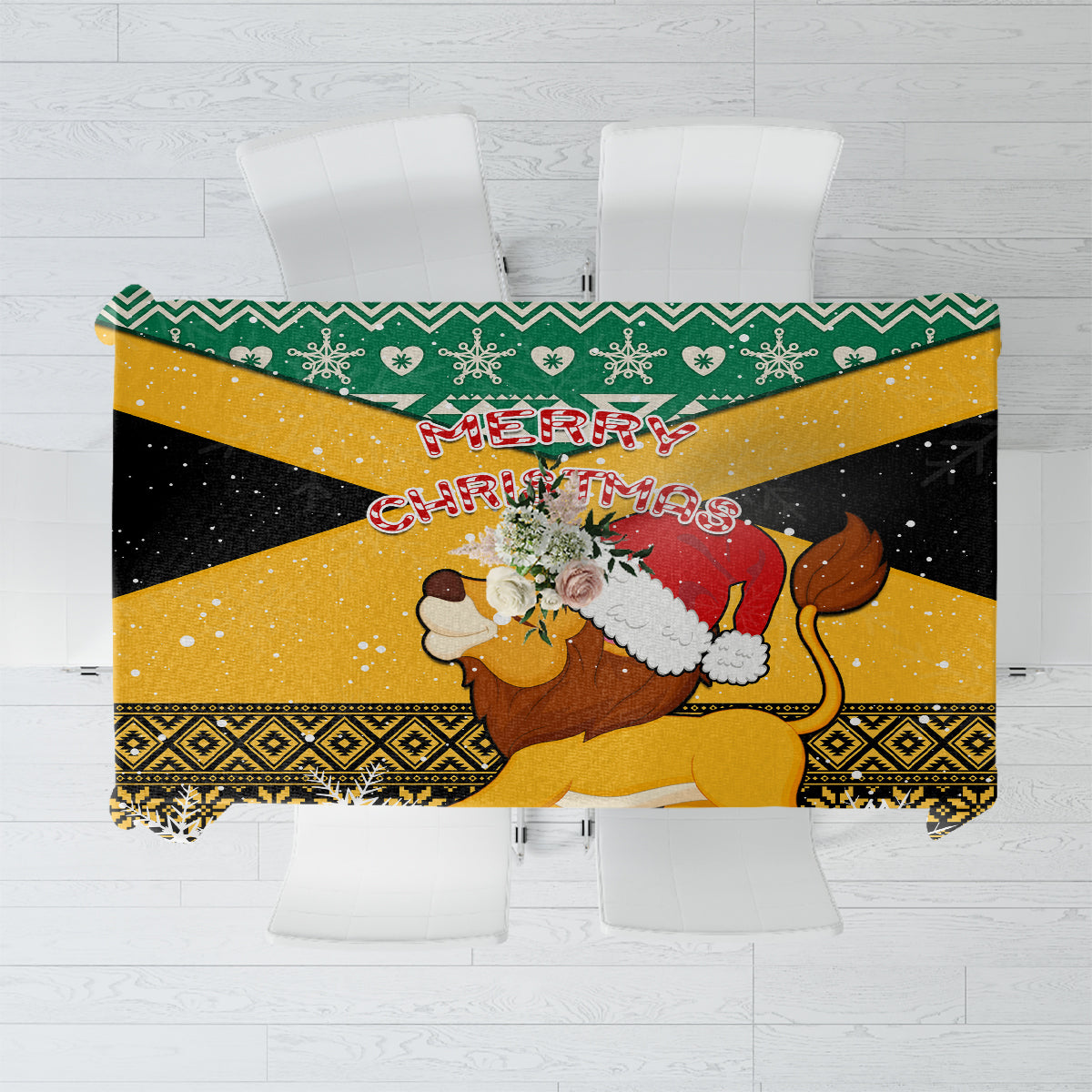 Yellow, black and green Christmas tablecloth with lion in Santa hat and “Merry Christmas”