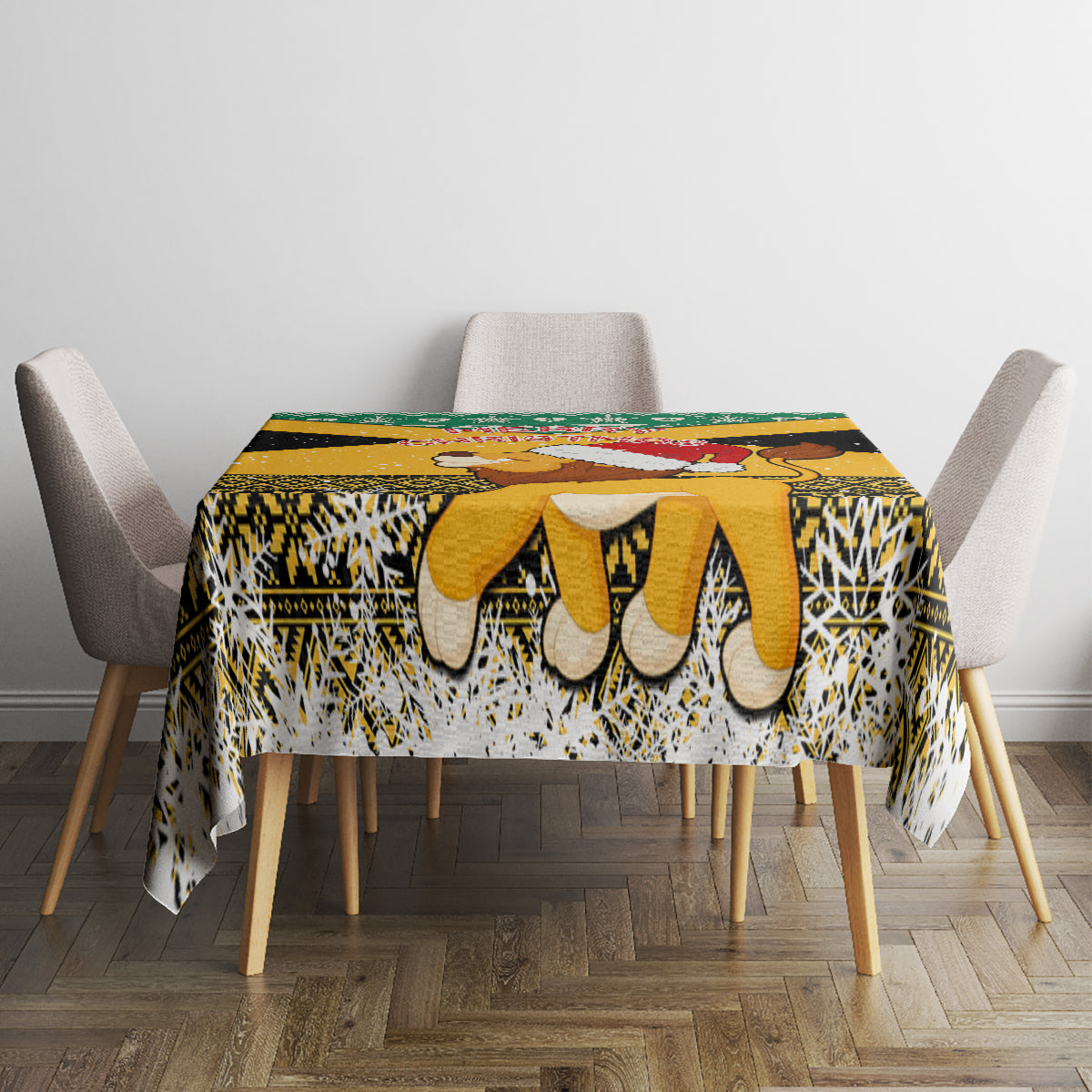 Yellow, black, white and green Christmas tablecloth with festive pattern and border