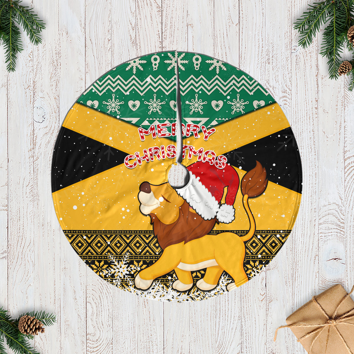 Fringed Christmas tree skirt with lion in Santa hat on green, yellow, and dark bands