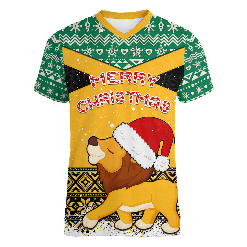 custom-jamaica-christmas-women-v-neck-t-shirt-jumieka-santa-lion