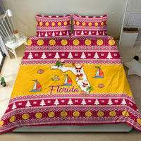 Florida-themed Christmas bedding set spread with Santa and Florida map, red-yellow border and trees