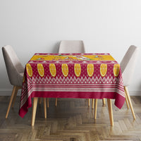 Yellow and maroon Christmas tablecloth with lemon band and patterned border