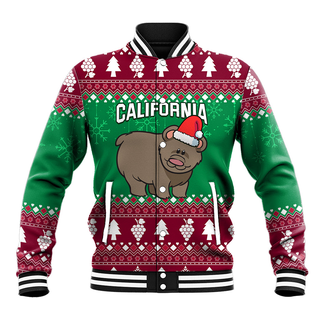 Green and burgundy Christmas baseball jacket with cartoon bear wearing Santa hat