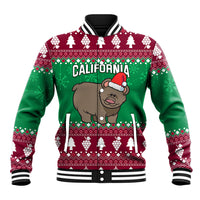 Green and burgundy Christmas baseball jacket with cartoon bear wearing Santa hat