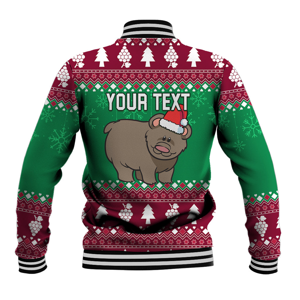 Green and burgundy Christmas baseball jacket back with bear in Santa hat and 'YOUR TEXT'