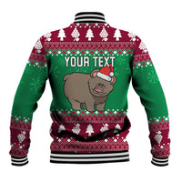 Green and burgundy Christmas baseball jacket back with bear in Santa hat and 'YOUR TEXT'