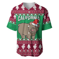 Holiday baseball jersey, maroon/green with grizzly bear and Santa hat; California text.