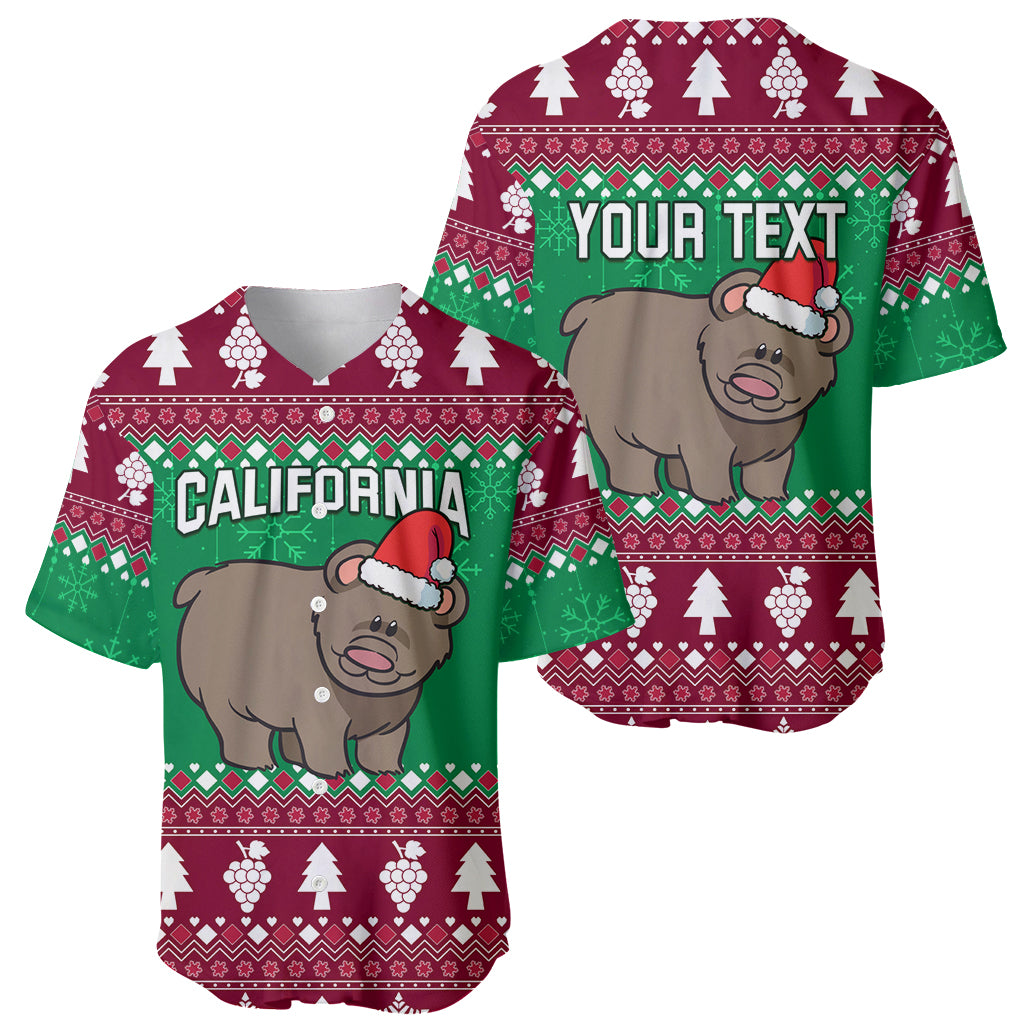 Two holiday baseball jerseys, maroon/green grizzly bear with Santa hat; California and 'Your Text'.