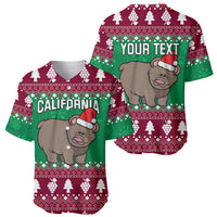 Two holiday baseball jerseys, maroon/green grizzly bear with Santa hat; California and 'Your Text'.