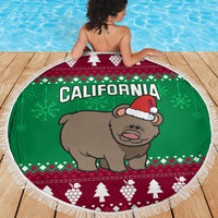 Round beach blanket with fringe: California text and Santa bear graphic on green Christmas pattern