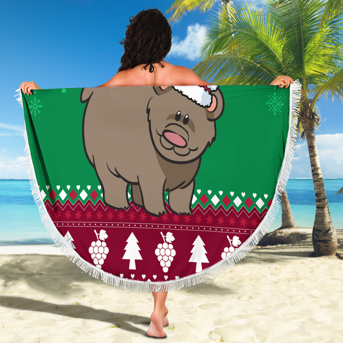 Round beach blanket with fringe featuring Santa hat bear and California text on green red design