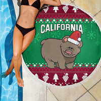 Round fringe beach blanket with California text, Santa bear illustration and festive holiday border
