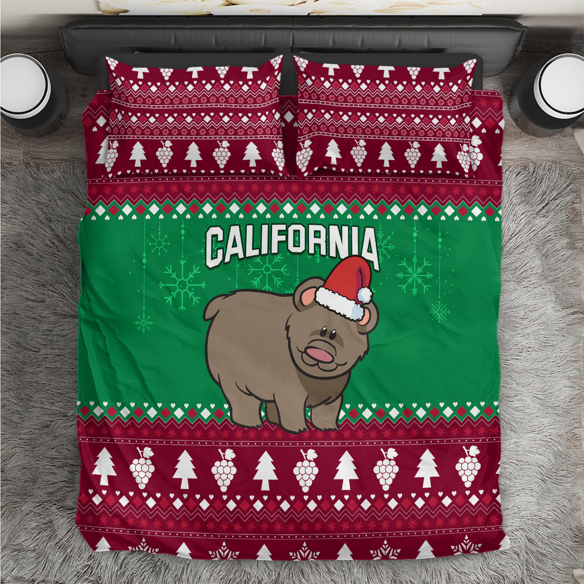 Green and red Christmas bedding set: Santa-hat bear with California lettering