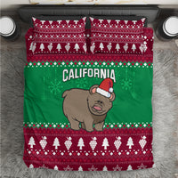 Green and red Christmas bedding set: Santa-hat bear with California lettering