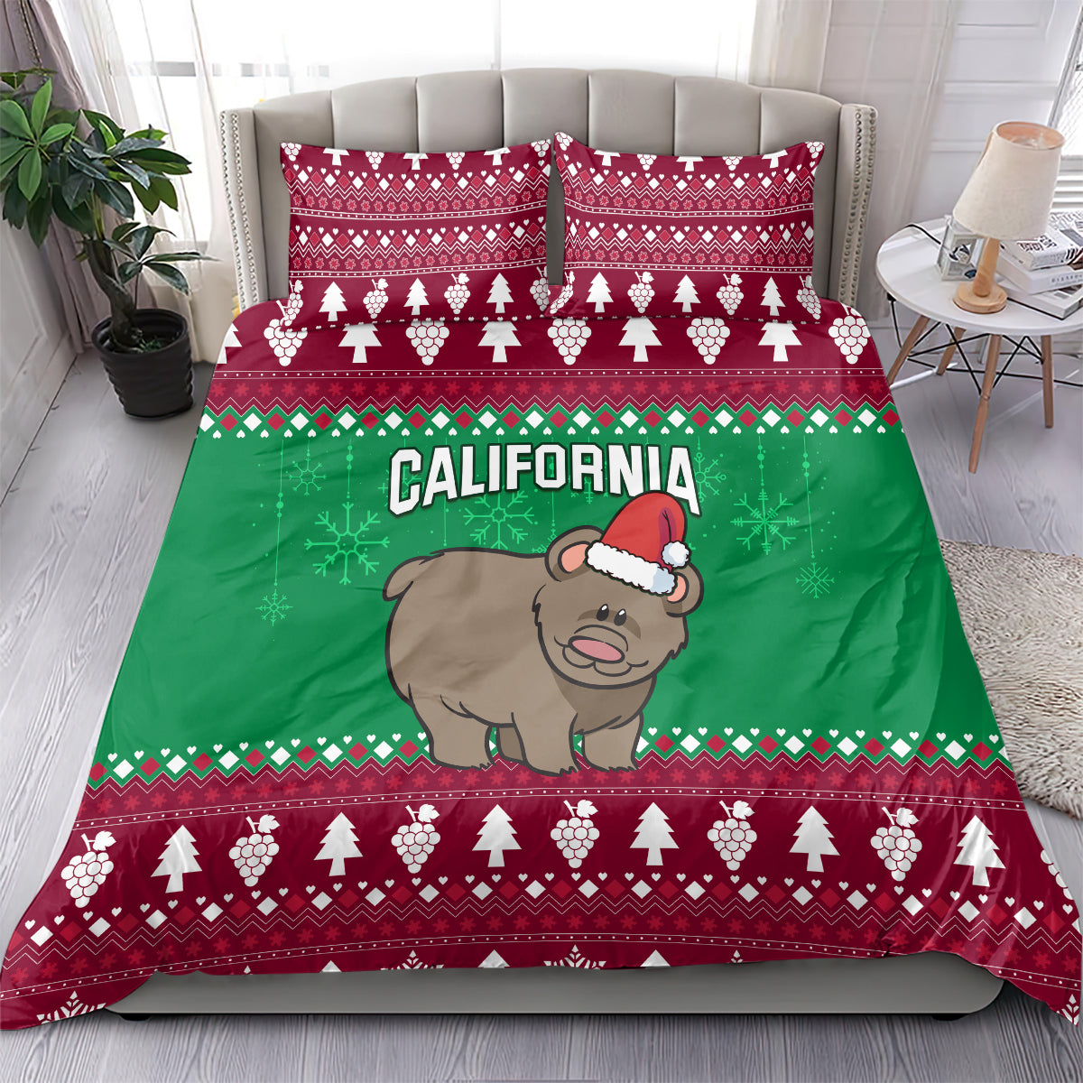 Green and red Christmas bedding set with two pillowcases, bear and California text