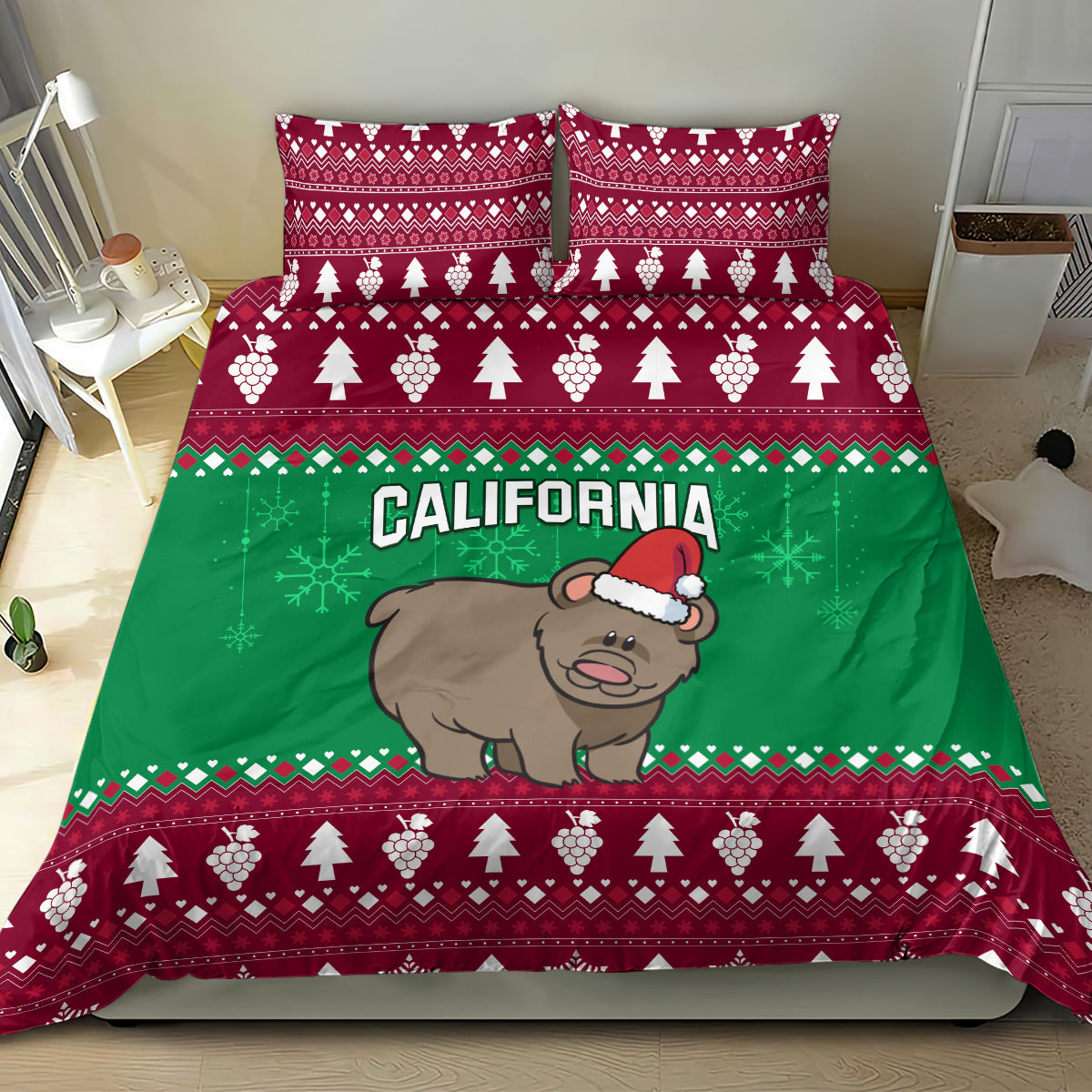 Green and red Christmas bedding set with bear in Santa hat and California text