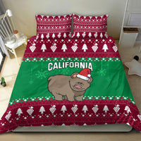 Green and red Christmas bedding set with bear in Santa hat and California text