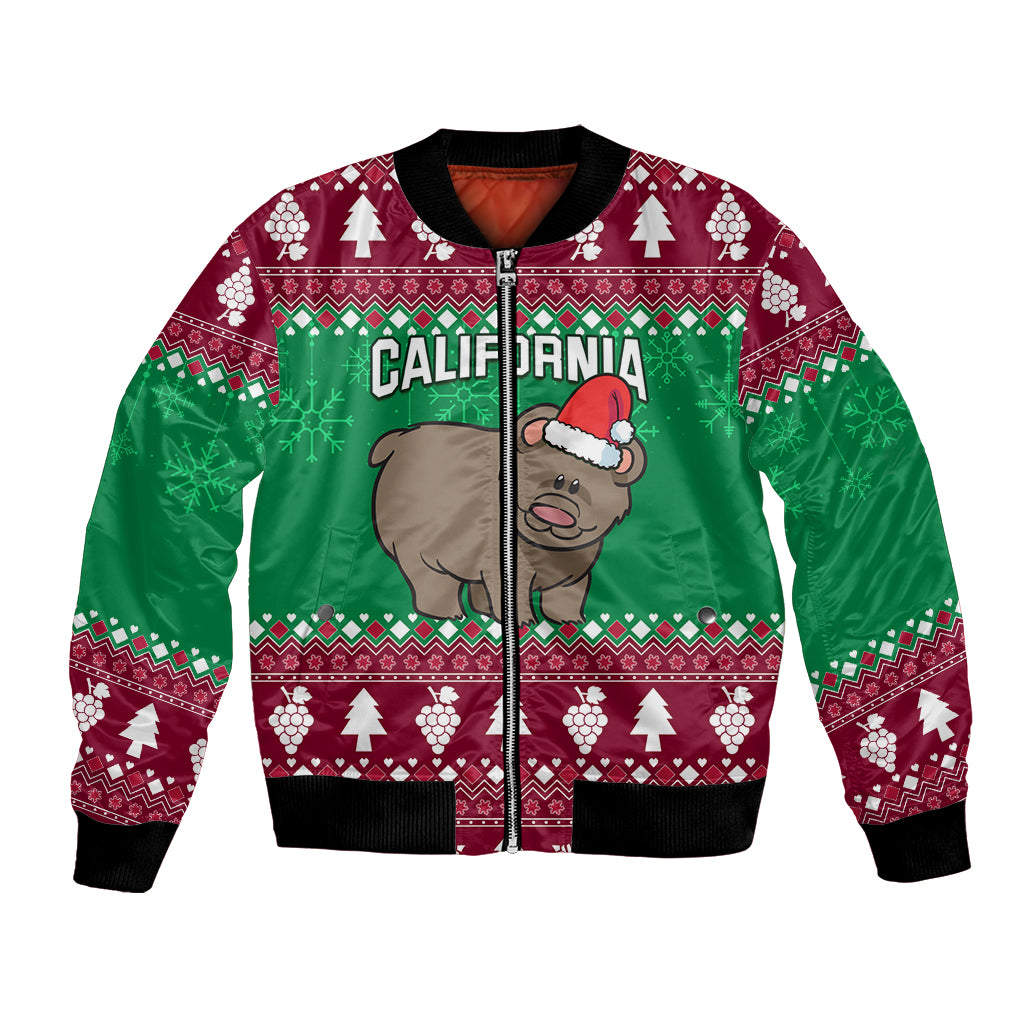 Unisex green bomber jacket with holiday bear, Santa hat, and California text, black rib hem