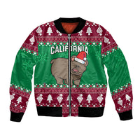 Unisex green bomber jacket with holiday bear, Santa hat, and California text, black rib hem