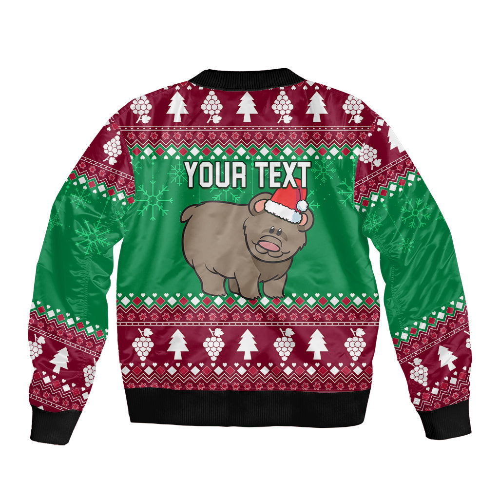 Unisex green bomber jacket with holiday bear, Santa hat, and YOUR TEXT, black rib hem