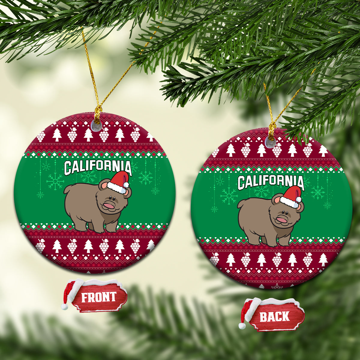 Round ceramic holiday ornaments with California text, grizzly in Santa hat, green and red pattern.