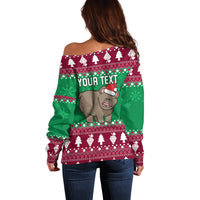 Women's off-shoulder Christmas sweater, green back with bear Santa graphic and 'YOUR TEXT'