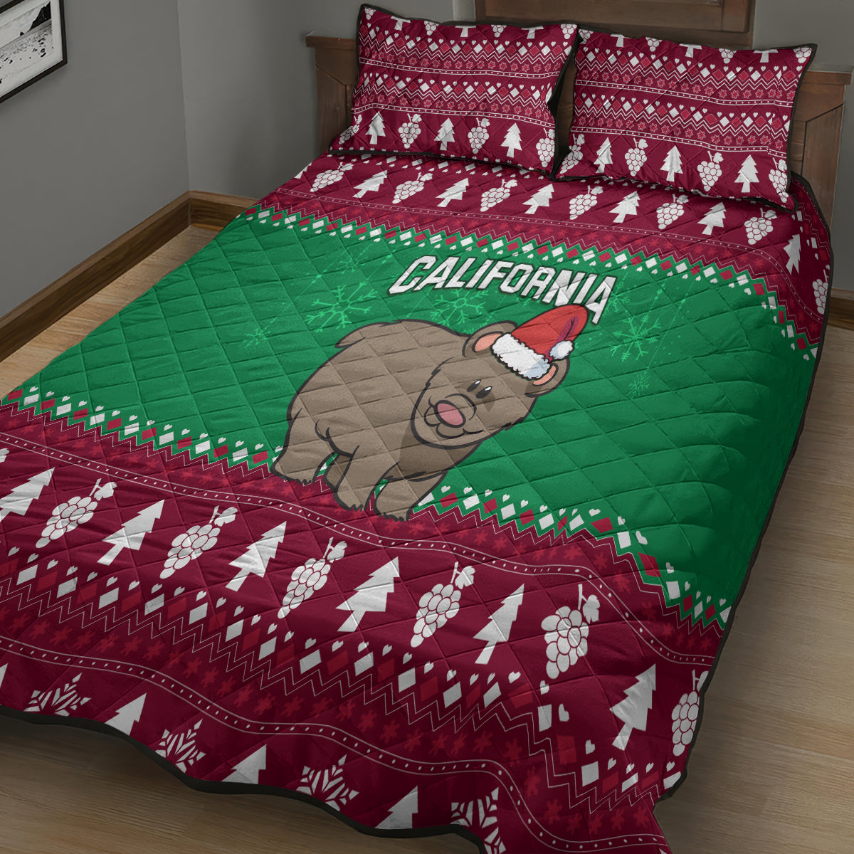 Christmas quilt bed set, green California bear Santa quilt with burgundy tree pattern and pillows