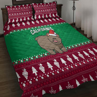 Christmas quilt bed set with bold green California bear Santa center and burgundy snowflake border
