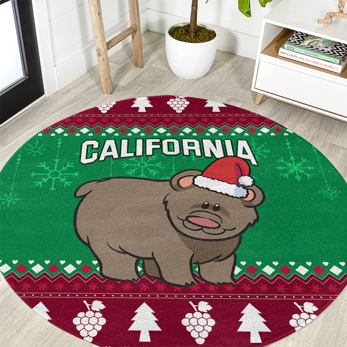 Round Christmas carpet, green and red with Santa-hat bear and "California" text