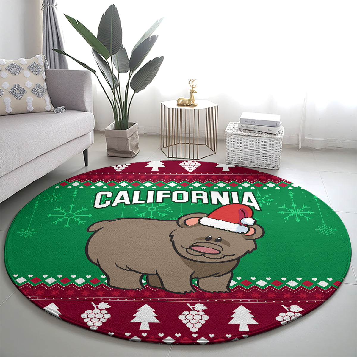 Round Christmas carpet with Santa-hat bear, green center, and "California" text