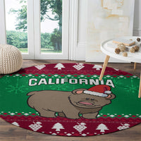 Round Christmas carpet with "California" word, Santa-hat bear, and green-red pattern border