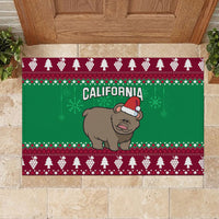 Green Christmas rubber doormat featuring CALIFORNIA, grizzly bear and red patterned frame