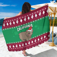 Christmas-style green sarong with maroon border, California bear and tree pattern